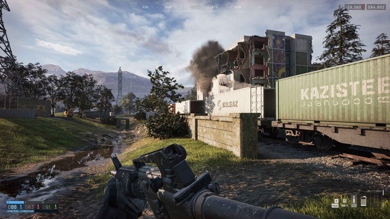 WARDOGS infantry advancing past a Humvee as a building collapses in an explosion