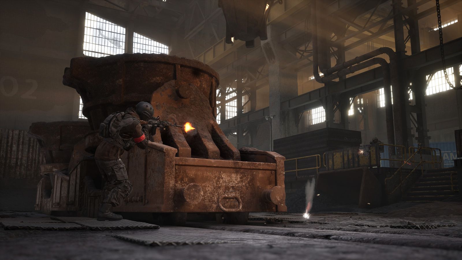 Two WARDOGS soldiers inside an abandoned foundry, one firing from behind industrial machinery