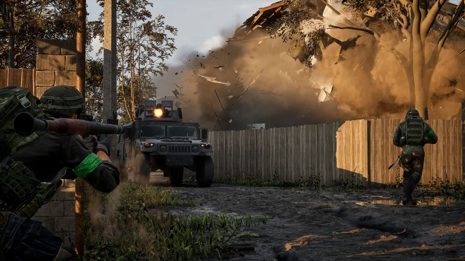 First-person view in WARDOGS beside a shipping container in an industrial yard, rifle raised