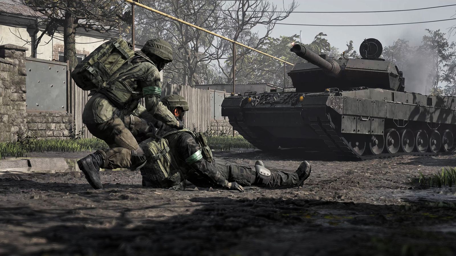 Two WARDOGS soldiers behind a wall as a main battle tank rolls past on a muddy road, one soldier kneeling by a fallen teammate